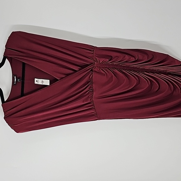 Express Deep Burgundy V-neckline Padded Shoulders Rusched Waist to Hem Dress - Picture 1 of 17